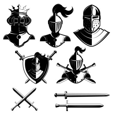 Beyaz arka planda izole edilmiş şövalye miğferleri. Logo, etiket, amblem, işaret, rozet, marka işareti için tasarım ögeleri. 