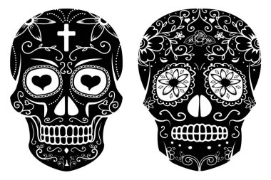Beyaz arka planda izole şeker kafatasları seti. Ölüler Günü. Dia De Los Muertos. Vektör illüstrasyonu.