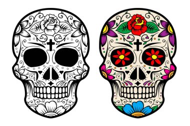 Beyaz arka planda izole şeker kafatasları seti. Ölüler Günü. Dia De Los Muertos. Vektör illüstrasyonu.