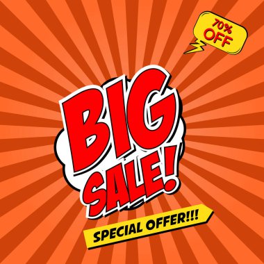 Büyük bir indirim var! Sunburst arka plan üzerinde çizgi roman tarzı ifade. Tasarım öğesi el ilanı, afiş. Vektör çizim.