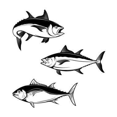 Beyaz arka planda izole edilmiş ton balığı ikonları. Logo, etiket, amblem, işaret, rozet tasarımı.