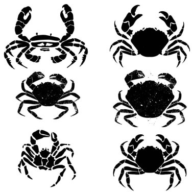 Yengeçler kümesi. Etiket veya amblem tasarım şablonu. Deniz ürünleri. Vektör çizim.