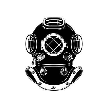 Eski tarz dalgıç kask beyaz arka plan üzerinde izole. T-shirt baskı, poster, amblem için tasarım elemanı. Vektör çizimi.