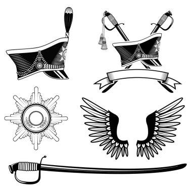 Sorguçlu asker şapkası hafif süvari eri, madalyonun, pala. Vektör tasarımı için öğeler kümesi.