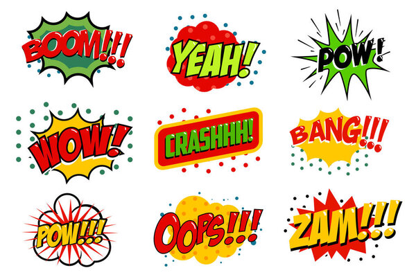 Set of comic style sound effects. Vector illustration. Pop art style phrases. Cartoon text effects.