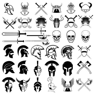 Antik silah, kask, kılıç ve tasarım elemanları seti. 