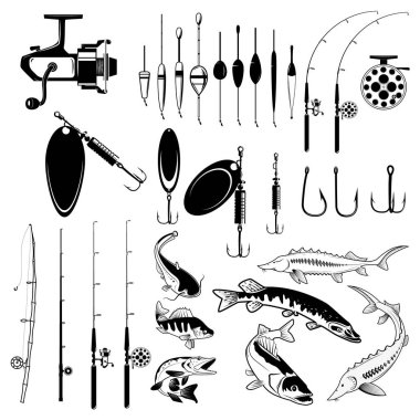Balıkçılık araçları seti, nehir balık simgeleri, balıkçılık için ekipman. Logo, etiket, amblem, işaret, rozet, el ilanı için tasarım öğesi. Vektör çizimi.