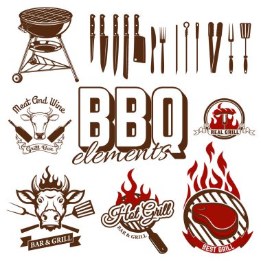bbq ve Grill etiketleri için bir dizi tasarım elemanı. Mutfak aletleri.. 