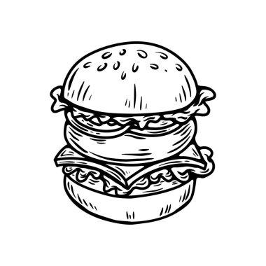 El çizimi hamburger, hamburger. Çizim stili hamburger, burger. Vektör illüstrasyonu