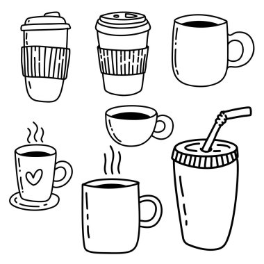 El yapımı kahve fincanları. Karalama tarzı kahve fincanları. Vektör illüstrasyonu