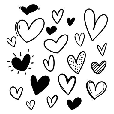 Bir dizi el çizilmiş kalp. Karalama tarzı kalpler. Vektör illüstrasyonu