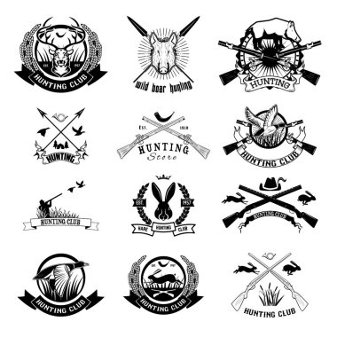 Avcılık etiketleri, amblemler ve tasarım öğeleri seti.