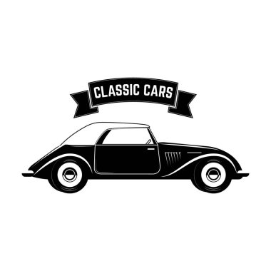 Eski araba satışı. Retro araba ikonu. Araba tamiri. Logo, etiket ve amblem için tasarım ögesi. Vektör illüstrasyonu.
