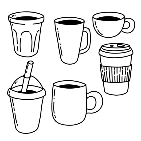 Set of hand drawn coffee cups. Set of doodle style coffee cups. Vector illustration