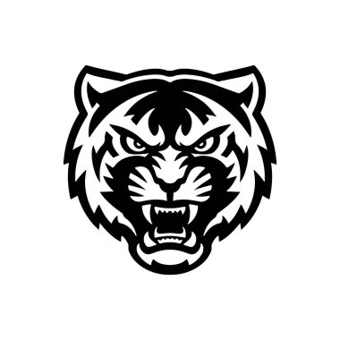 Beyaz arka planda izole edilmiş kaplan başı çizimi. Logo, etiket, amblem için resimler. Vektör illüstrasyonu.