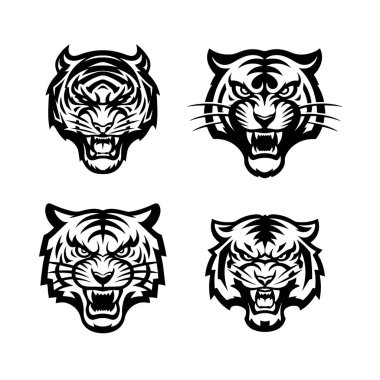 Beyaz arka planda izole edilmiş kaplan başı çizimi. Logo, etiket, amblem için resimler. Vektör illüstrasyonu.