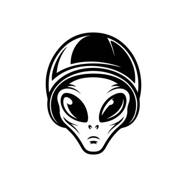 Uzaylı kafası tasviri. Uzaylı kafası. UFO. Kriptozooloji. Logo, etiket, işaret, poster, kart için tasarım ögesi. Vektör illüstrasyonu
