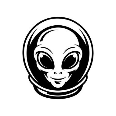 Uzaylı kafası tasviri. Uzaylı kafası. UFO. Kriptozooloji. Logo, etiket, işaret, poster, kart için tasarım ögesi. Vektör illüstrasyonu