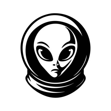 Uzaylı kafası tasviri. Uzaylı kafası. UFO. Kriptozooloji. Logo, etiket, işaret, poster, kart için tasarım ögesi. Vektör illüstrasyonu