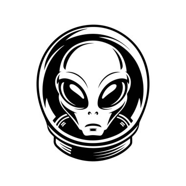 Uzaylı kafası tasviri. Uzaylı kafası. UFO. Kriptozooloji. Logo, etiket, işaret, poster, kart için tasarım ögesi. Vektör illüstrasyonu