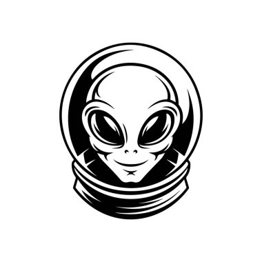 Uzaylı kafası tasviri. Uzaylı kafası. UFO. Kriptozooloji. Logo, etiket, işaret, poster, kart için tasarım ögesi. Vektör illüstrasyonu