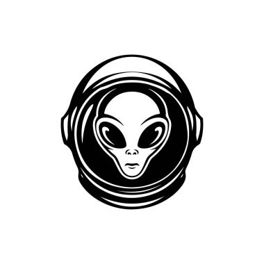 Uzaylı kafası tasviri. Uzaylı kafası. UFO. Kriptozooloji. Logo, etiket, işaret, poster, kart için tasarım ögesi. Vektör illüstrasyonu
