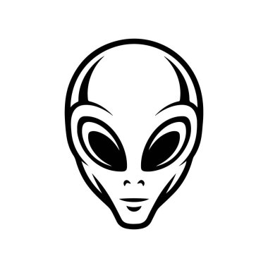 Uzaylı kafası tasviri. Uzaylı kafası. UFO. Kriptozooloji. Logo, etiket, işaret, poster, kart için tasarım ögesi. Vektör illüstrasyonu
