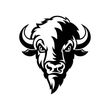 Bizon kafası tek renkli bir şekilde resmedilmiş. Bizon kafası logo şeklinde. Logo, amblem, işaret, rozet, poster tasarımı. Vektör illüstrasyonu 