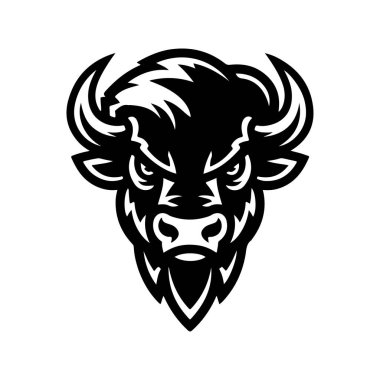 Bizon kafası tek renkli bir şekilde resmedilmiş. Bizon kafası logo şeklinde. Logo, amblem, işaret, rozet, poster tasarımı. Vektör illüstrasyonu 