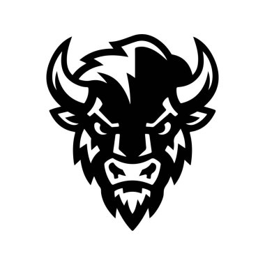 Bizon kafası tek renkli bir şekilde resmedilmiş. Bizon kafası logo şeklinde. Logo, amblem, işaret, rozet, poster tasarımı. Vektör illüstrasyonu 