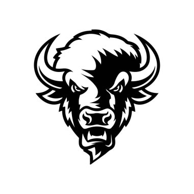 Bizon kafası tek renkli bir şekilde resmedilmiş. Bizon kafası logo şeklinde. Logo, amblem, işaret, rozet, poster tasarımı. Vektör illüstrasyonu 