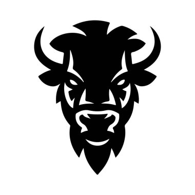 Bizon kafası tek renkli bir şekilde resmedilmiş. Bizon kafası logo şeklinde. Logo, amblem, işaret, rozet, poster tasarımı. Vektör illüstrasyonu 
