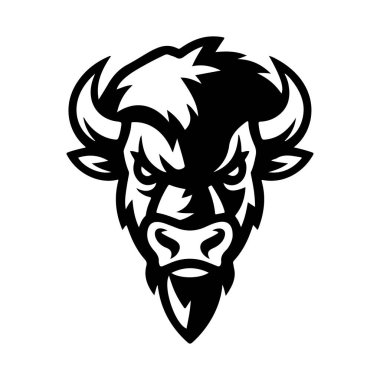 Bizon kafası tek renkli bir şekilde resmedilmiş. Bizon kafası logo şeklinde. Logo, amblem, işaret, rozet, poster tasarımı. Vektör illüstrasyonu 