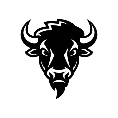 Bizon kafası tek renkli bir şekilde resmedilmiş. Bizon kafası logo şeklinde. Logo, amblem, işaret, rozet, poster tasarımı. Vektör illüstrasyonu 