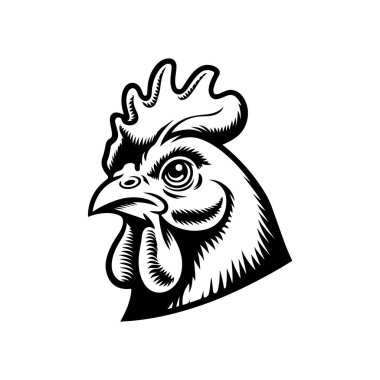 Tavuk kafasının monokrom tarzında tasviri. Logo tarzında tavuk kafası. Logo, amblem, işaret, rozet, poster tasarımı. Vektör illüstrasyonu 