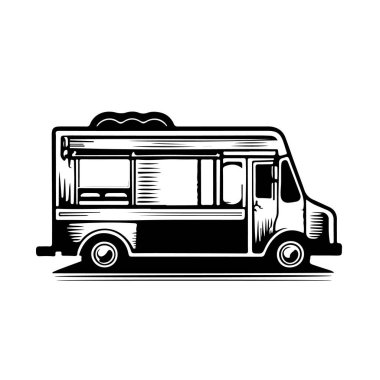 Bir yemek kamyonu tasviri. Amblem, işaret, rozet için tasarım elemanı. Vektör illüstrasyonu