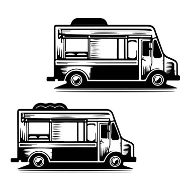 Bir yemek kamyonu tasviri. Amblem, işaret, rozet için tasarım elemanı. Vektör illüstrasyonu