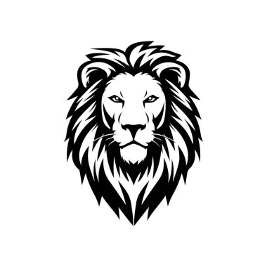 Aslan başı tasviri. Aslan kafalı maskot. Logo, etiket, işaret, poster, kart için tasarım ögesi. Vektör illüstrasyonu
