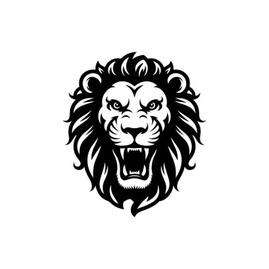Aslan başı tasviri. Aslan kafalı maskot. Logo, etiket, işaret, poster, kart için tasarım ögesi. Vektör illüstrasyonu