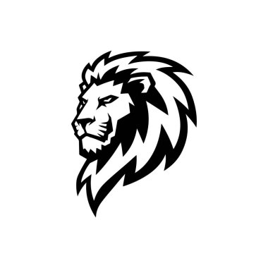 Aslan başı tasviri. Aslan kafalı maskot. Logo, etiket, işaret, poster, kart için tasarım ögesi. Vektör illüstrasyonu