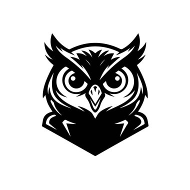 Baykuş kafalı. Tek renkli baykuş simgesi, işaret, amblem, rozet. Vektör illüstrasyonu