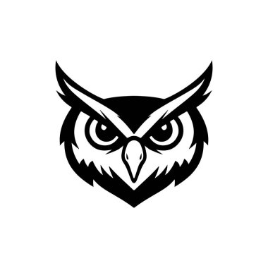 Baykuş kafalı. Tek renkli baykuş simgesi, işaret, amblem, rozet. Vektör illüstrasyonu