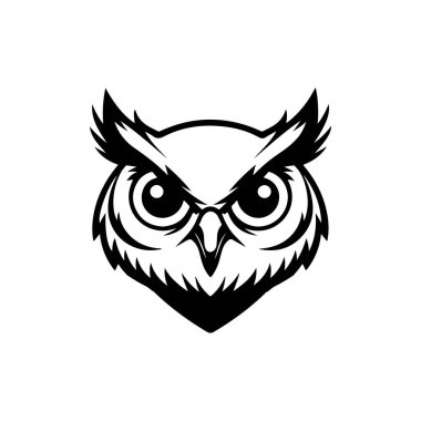 Baykuş kafalı. Tek renkli baykuş simgesi, işaret, amblem, rozet. Vektör illüstrasyonu