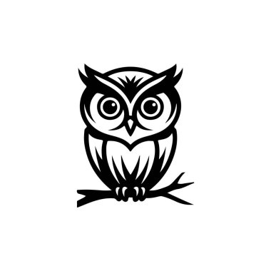 Baykuş kafalı. Tek renkli baykuş simgesi, işaret, amblem, rozet. Vektör illüstrasyonu