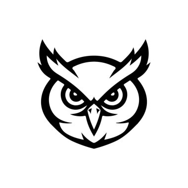 Baykuş kafalı. Tek renkli baykuş simgesi, işaret, amblem, rozet. Vektör illüstrasyonu