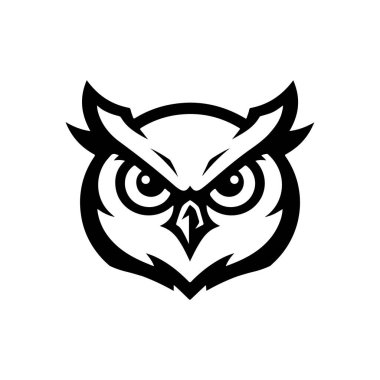 Baykuş kafalı. Tek renkli baykuş simgesi, işaret, amblem, rozet. Vektör illüstrasyonu