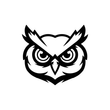 Baykuş kafalı. Tek renkli baykuş simgesi, işaret, amblem, rozet. Vektör illüstrasyonu