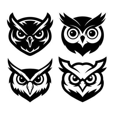 Baykuş kafalı. Tek renkli baykuş simgesi, işaret, amblem, rozet. Vektör illüstrasyonu