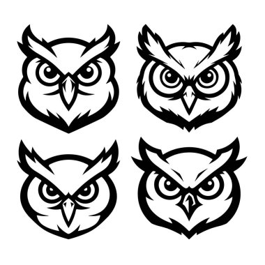 Baykuş kafalı. Tek renkli baykuş simgesi, işaret, amblem, rozet. Vektör illüstrasyonu