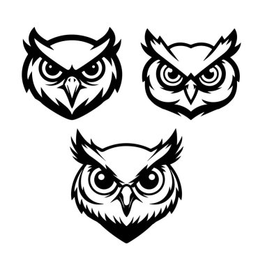 Baykuş kafalı. Tek renkli baykuş simgesi, işaret, amblem, rozet. Vektör illüstrasyonu